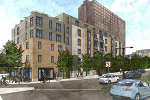 A rendering of Rindge Commons in Cambridge, Mass.